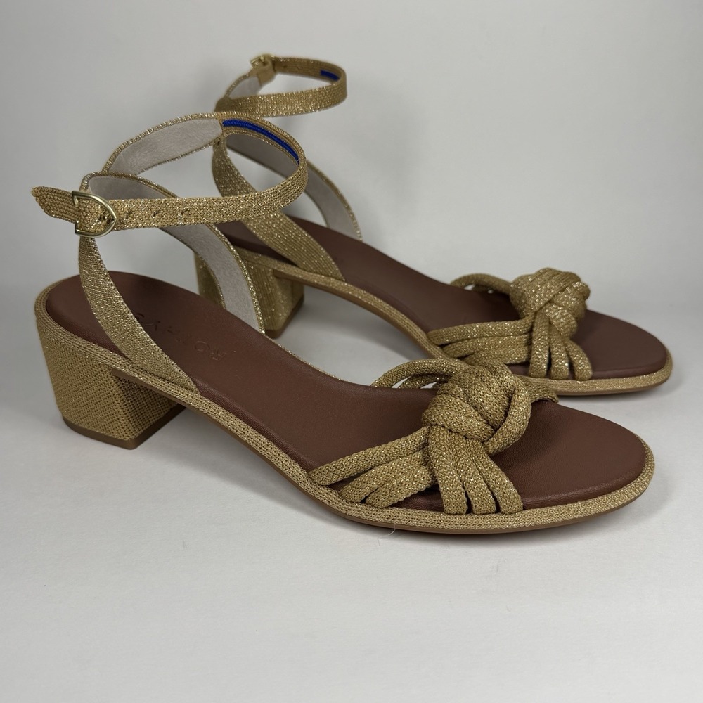 Rothy's Women's Size 9 Metallic Golden Sun The Knot Heeled Sandals Ankle Strap